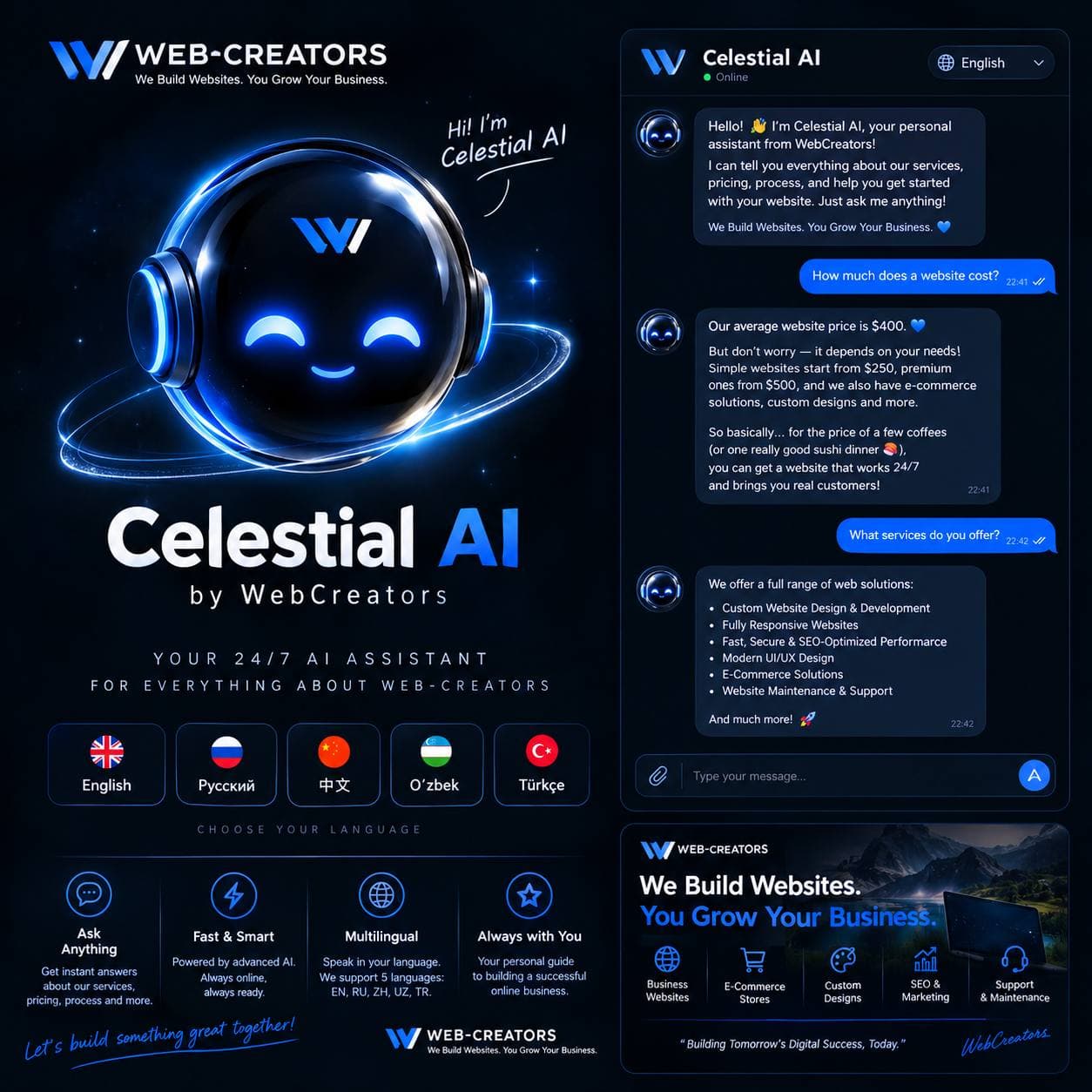 Celestia AI brand poster with language options and sample conversation
