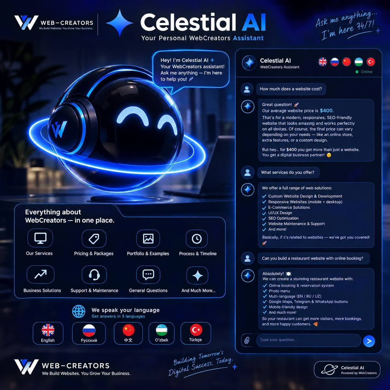 Celestia AI orb with headphones and an orbital ring, next to a sample chat
